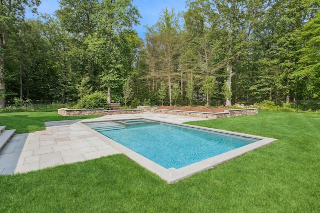 232 Bayberry Ln, Westport, CT 06880 - view of swimming pool featuring a yard, a pool with connected hot tub, and a patio area