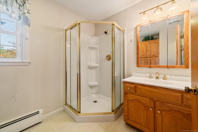 765 Kettletown Rd, Southbury, CT 06488 - bathroom featuring a baseboard heating unit, a stall shower, and vanity