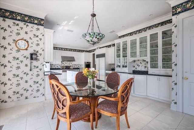 21 Queens Grant Dr, Fairfield, CT 06824 - dining room featuring ornamental molding, light tile patterned floors, and wallpapered walls