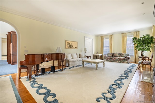 21 Queens Grant Dr, Fairfield, CT 06824 - living room with ornamental molding, wood finished floors, and arched walkways