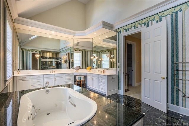 21 Queens Grant Dr, Fairfield, CT 06824 - bathroom with a tub with jets, vanity, and a towering ceiling