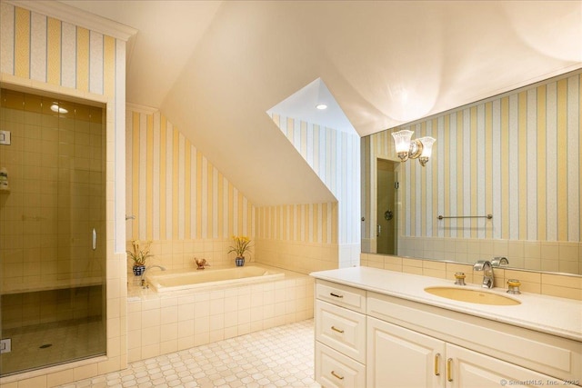 21 Queens Grant Dr, Fairfield, CT 06824 - full bath featuring vanity, a garden tub, wallpapered walls, a stall shower, and tile patterned floors