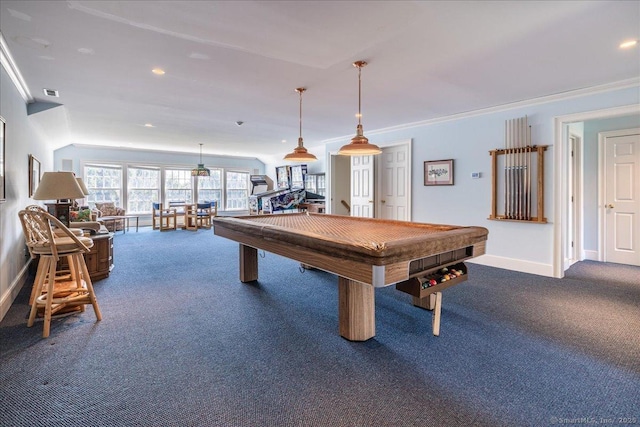 21 Queens Grant Dr, Fairfield, CT 06824 - rec room with dark colored carpet, billiards table, ornamental molding, and recessed lighting