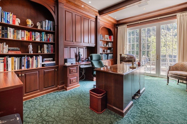 21 Queens Grant Dr, Fairfield, CT 06824 - home office featuring dark carpet, crown molding, beamed ceiling, and built in features