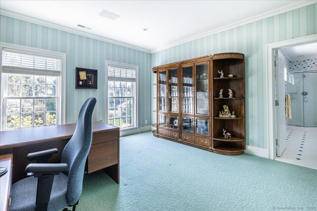 21 Queens Grant Dr, Fairfield, CT 06824 - office area with crown molding, wallpapered walls, and carpet