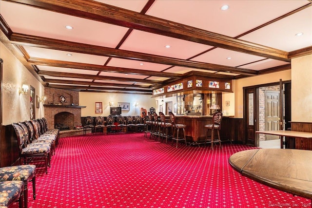 21 Queens Grant Dr, Fairfield, CT 06824 - lobby featuring coffered ceiling, a wainscoted wall, beam ceiling, and recessed lighting