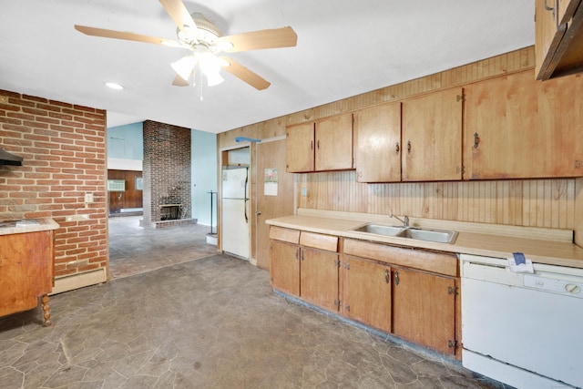 134 Sunset St, Windsor Locks, CT 06096 - kitchen with white appliances, wooden walls, light countertops, a ceiling fan, and a fireplace