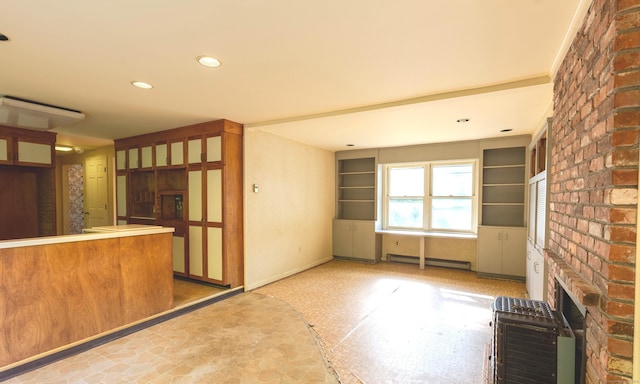 22 Trumbull Rd, Waterford, CT 06385 - unfurnished living room featuring a baseboard heating unit, a brick fireplace, heating unit, and recessed lighting