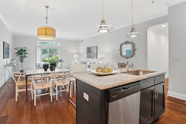 142 E Ave Unit A106, Norwalk, CT 06851 - kitchen featuring dishwasher, crown molding, dark wood-type flooring, pendant lighting, and light stone countertops
