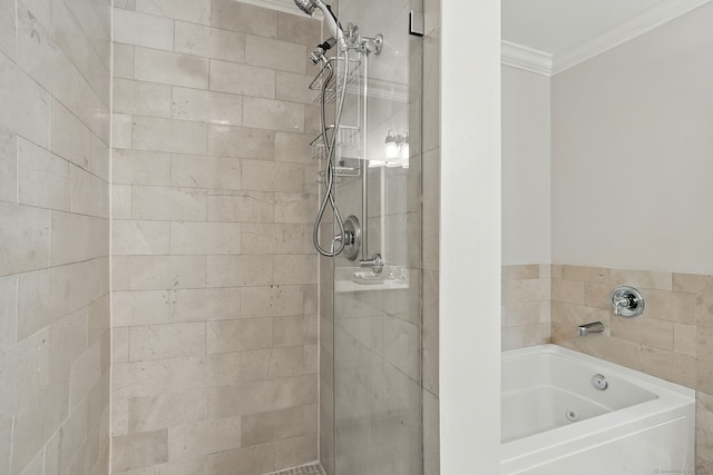 142 E Ave Unit A106, Norwalk, CT 06851 - bathroom featuring ornamental molding, a shower stall, and a jetted tub