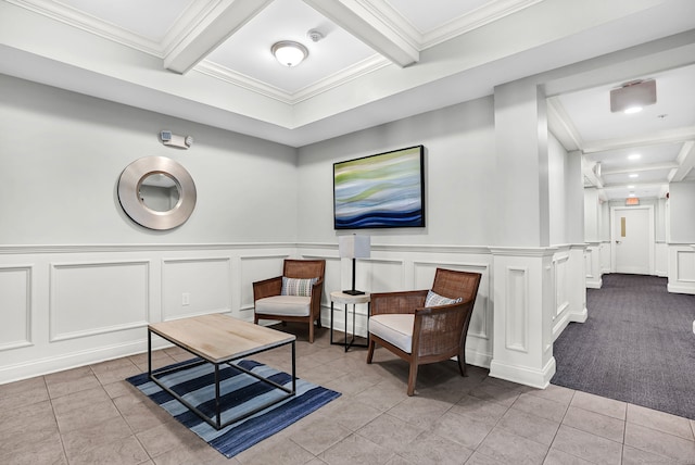 142 E Ave Unit A106, Norwalk, CT 06851 - living area with coffered ceiling, beam ceiling, ornamental molding, and tile patterned floors