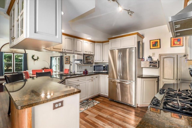 156 Killian Ave, Trumbull, CT 06611 - kitchen with appliances with stainless steel finishes, wood-type flooring, ventilation hood, rail lighting, and recessed lighting