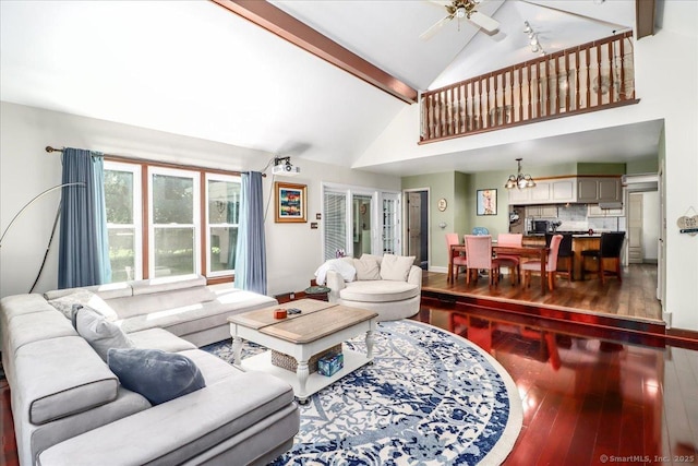 156 Killian Ave, Trumbull, CT 06611 - living room featuring hardwood / wood-style floors, ceiling fan, beamed ceiling, a chandelier, and high vaulted ceiling
