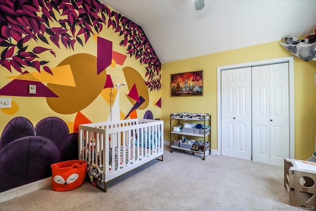 156 Killian Ave, Trumbull, CT 06611 - bedroom featuring vaulted ceiling, a closet, carpet, a nursery area, and a ceiling fan