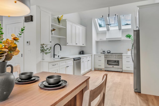916 N Farms Rd, Wallingford, CT 06492 - kitchen with open shelves, appliances with stainless steel finishes, a skylight, decorative backsplash, and light wood-style flooring