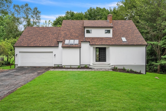 916 N Farms Rd, Wallingford, CT 06492 - view of front of property with a chimney, a front lawn, driveway, a garage, and a shingled roof