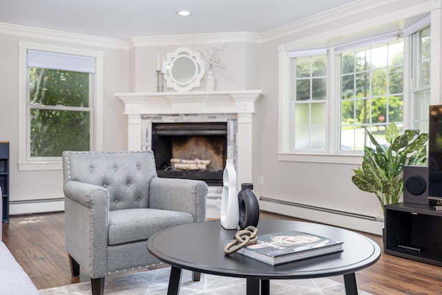 33 Terrace Rd, West Hartford, CT 06107 - living area featuring a baseboard heating unit, a baseboard radiator, wood finished floors, ornamental molding, and a fireplace