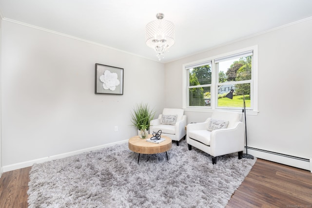 33 Terrace Rd, West Hartford, CT 06107 - sitting room with baseboard heating, crown molding, a chandelier, and wood finished floors