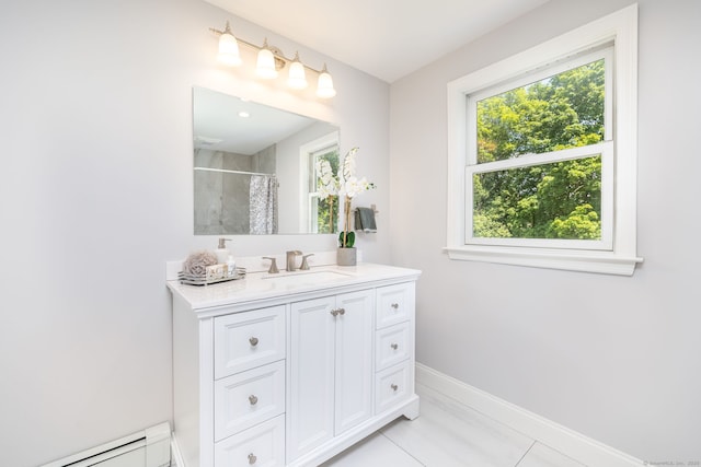 33 Terrace Rd, West Hartford, CT 06107 - full bathroom with a baseboard heating unit, vanity, and a shower with curtain