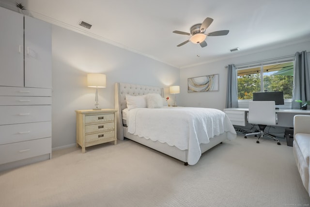 195 Southport Woods Dr Unit 195, Fairfield, CT 06890 - bedroom with crown molding, light colored carpet, an office area, and ceiling fan