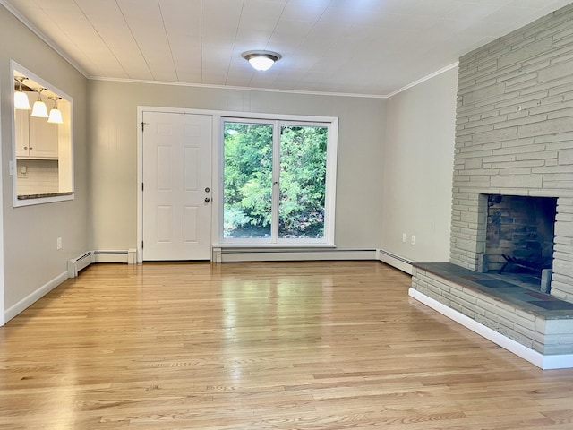 80 Murlyn Rd, Hamden, CT 06518 - unfurnished living room with crown molding, light wood-type flooring, baseboard heating, and a large fireplace