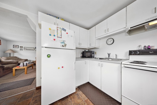 136 Reynolds Bridge Rd, Thomaston, CT 06787 - kitchen with white appliances, extractor fan, white cabinetry, light countertops, and dark stone finish floors