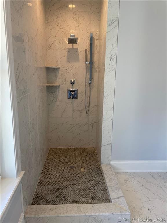 42 Long River Rd, Sherman, CT 06784 - full bath featuring tiled shower and marble finish floors