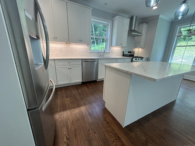 42 Long River Rd, Sherman, CT 06784 - kitchen with stainless steel appliances, wall chimney exhaust hood, dark wood-type flooring, plenty of natural light, and crown molding