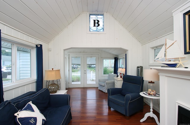 96 Chalker Beach Rd, Old Saybrook, CT 06475 - living room with vaulted ceiling, french doors, wood finished floors, and wood ceiling