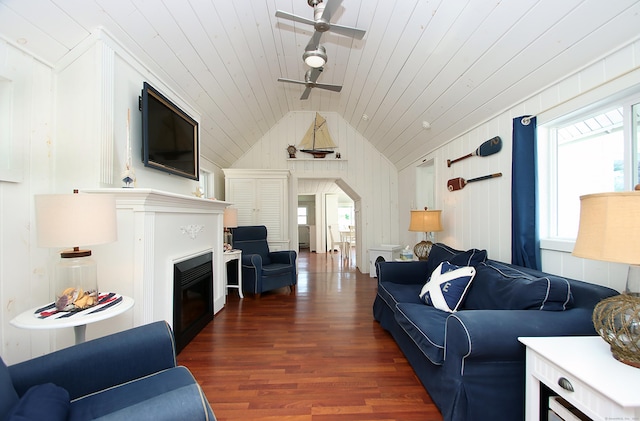 96 Chalker Beach Rd, Old Saybrook, CT 06475 - living room featuring wood finished floors, plenty of natural light, a glass covered fireplace, lofted ceiling, and wood ceiling