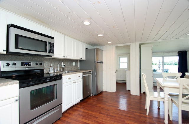 96 Chalker Beach Rd, Old Saybrook, CT 06475 - kitchen featuring stainless steel appliances, wood ceiling, white cabinetry, recessed lighting, and dark wood finished floors