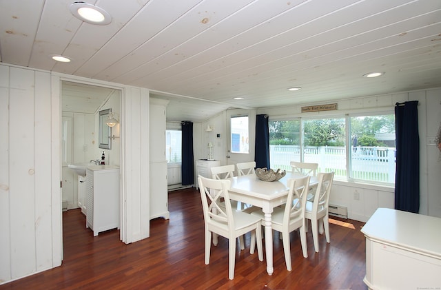 96 Chalker Beach Rd, Old Saybrook, CT 06475 - dining room featuring a baseboard radiator, dark wood finished floors, wood ceiling, and recessed lighting