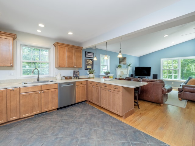 109 Westport Rd, Wilton, CT 06897 - kitchen with dishwasher, open floor plan, a peninsula, recessed lighting, and light countertops