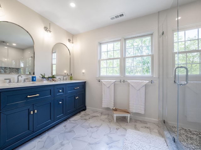 109 Westport Rd, Wilton, CT 06897 - full bath featuring double vanity, a shower stall, and recessed lighting