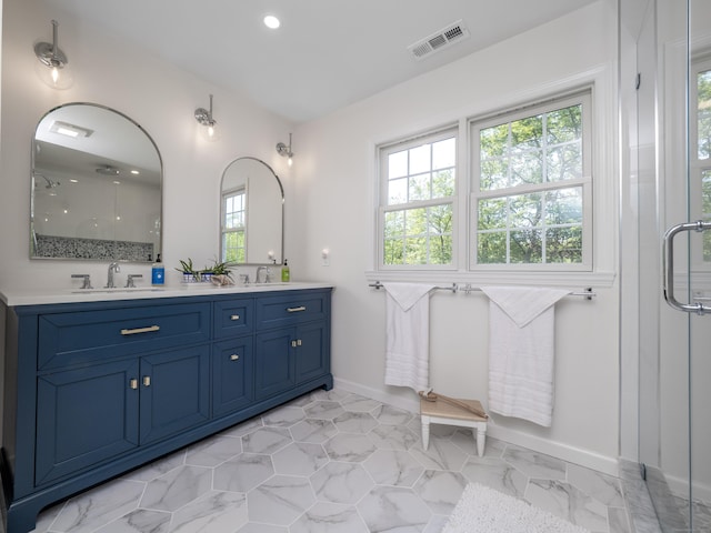 109 Westport Rd, Wilton, CT 06897 - full bathroom featuring a stall shower, double vanity, and recessed lighting