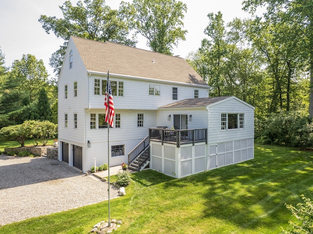 109 Westport Rd, Wilton, CT 06897 - rear view of property featuring stairs, driveway, a deck, a garage, and roof with shingles