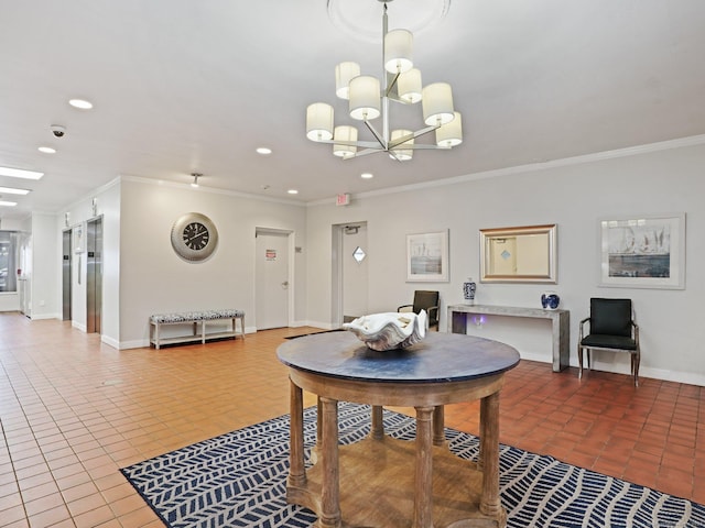 155 Brewster St Apt 3K, Bridgeport, CT 06605 - dining space featuring tile patterned floors, ornamental molding, recessed lighting, and a chandelier