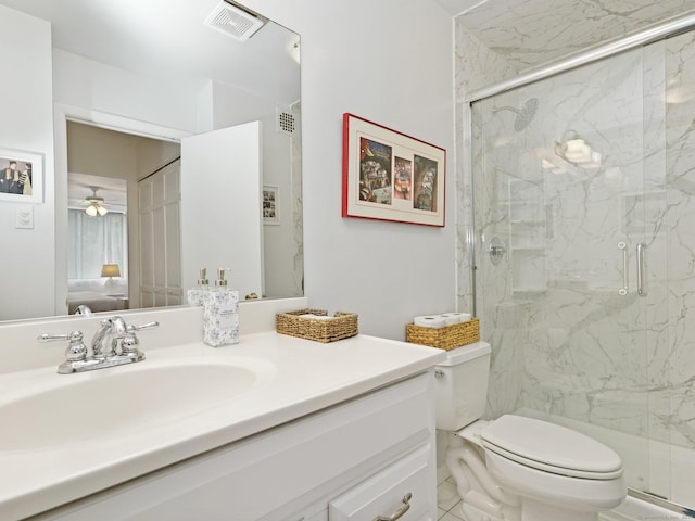 155 Brewster St Apt 3K, Bridgeport, CT 06605 - bathroom featuring a marble finish shower, vanity, a ceiling fan, and ensuite bath