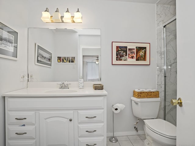 155 Brewster St Apt 3K, Bridgeport, CT 06605 - bathroom featuring vanity, a marble finish shower, tile patterned floors, and a ceiling fan