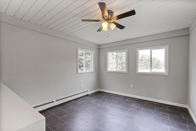 114 Boulter Rd, Wethersfield, CT 06109 - spare room featuring a baseboard heating unit, ceiling fan, wood ceiling, and dark tile patterned floors