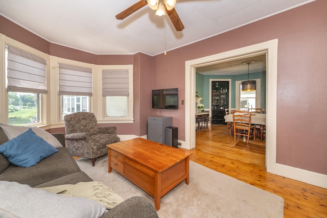 45 Harris Fuller Rd, Preston, CT 06365 - living room with a ceiling fan, wood-type flooring, and crown molding