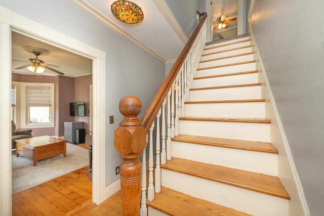 45 Harris Fuller Rd, Preston, CT 06365 - staircase with ceiling fan, wood-type flooring, and crown molding
