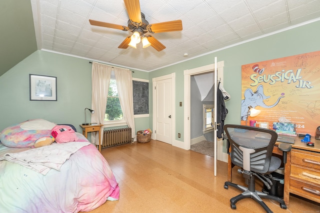 45 Harris Fuller Rd, Preston, CT 06365 - bedroom featuring radiator heating unit, ornamental molding, ceiling fan, and a desk