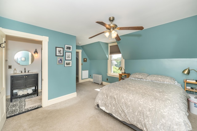 45 Harris Fuller Rd, Preston, CT 06365 - carpeted bedroom with radiator, lofted ceiling, and a ceiling fan