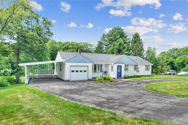 442 Merrow Rd, Tolland, CT 06084 - ranch-style home with driveway, an attached garage, a chimney, and a front lawn