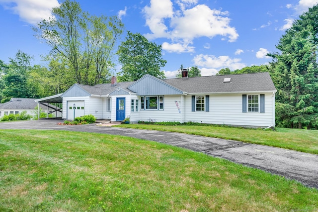 442 Merrow Rd, Tolland, CT 06084 - ranch-style house with an attached garage, asphalt driveway, a chimney, and a front lawn