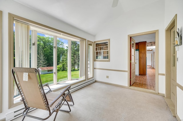 442 Merrow Rd, Tolland, CT 06084 - unfurnished room with vaulted ceiling, plenty of natural light, a baseboard radiator, carpet flooring, and a ceiling fan
