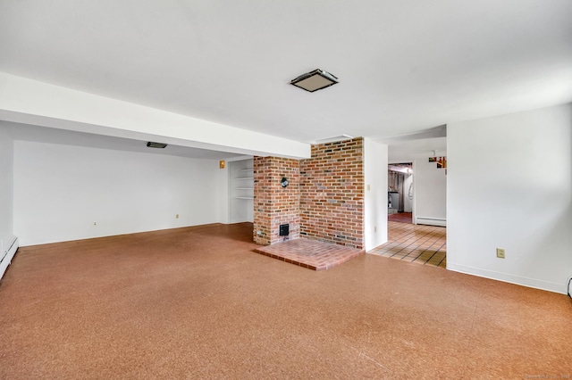 442 Merrow Rd, Tolland, CT 06084 - unfurnished living room featuring a brick fireplace, a baseboard heating unit, and carpet floors