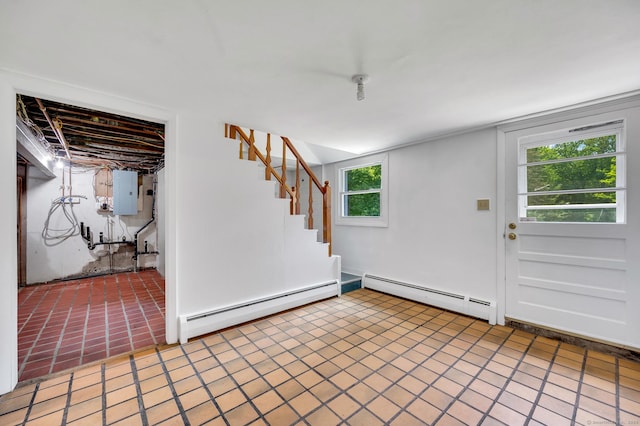 442 Merrow Rd, Tolland, CT 06084 - tiled entrance foyer with baseboard heating, electric panel, and stairway