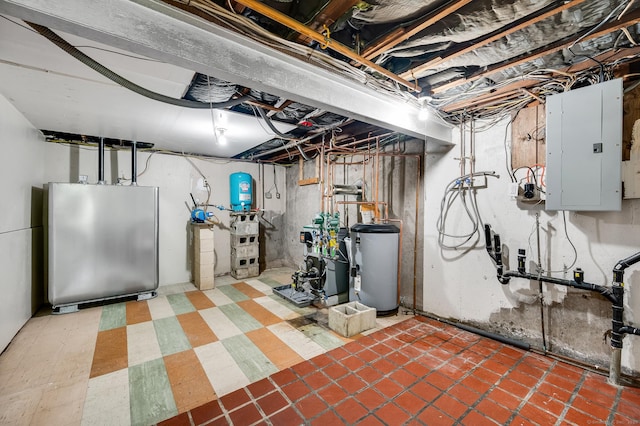 442 Merrow Rd, Tolland, CT 06084 - unfinished basement featuring electric panel, water heater, a heating unit, a water pressure tank, and freestanding refrigerator